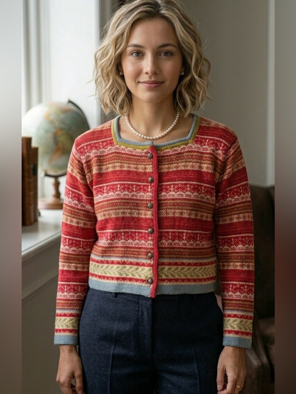 Oleana Norway Vintage Knit Cardigan Sweater Red Fair Isle Wool Cropped Small